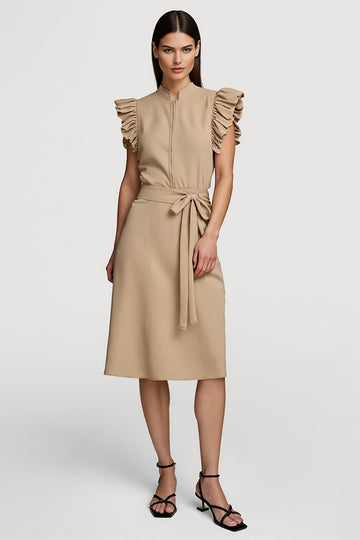 khaki Ruffle Sleeve Midi Work Dress with Sash